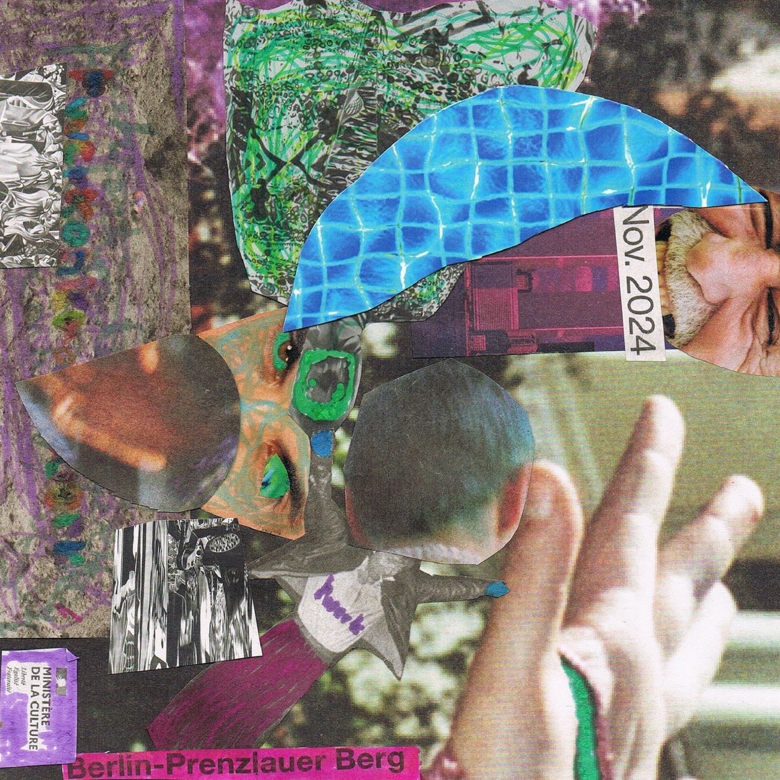 Collage: blue tiled shape, a hand and a Berlin-Prenzlauer Berg label