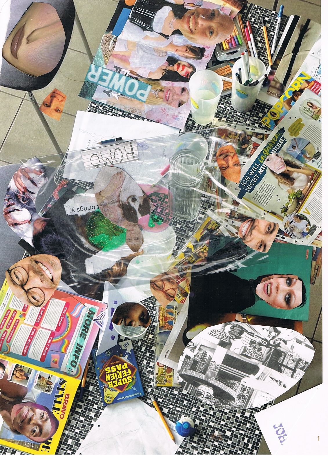 Collage: table covered with magazine cut-outs and scissors