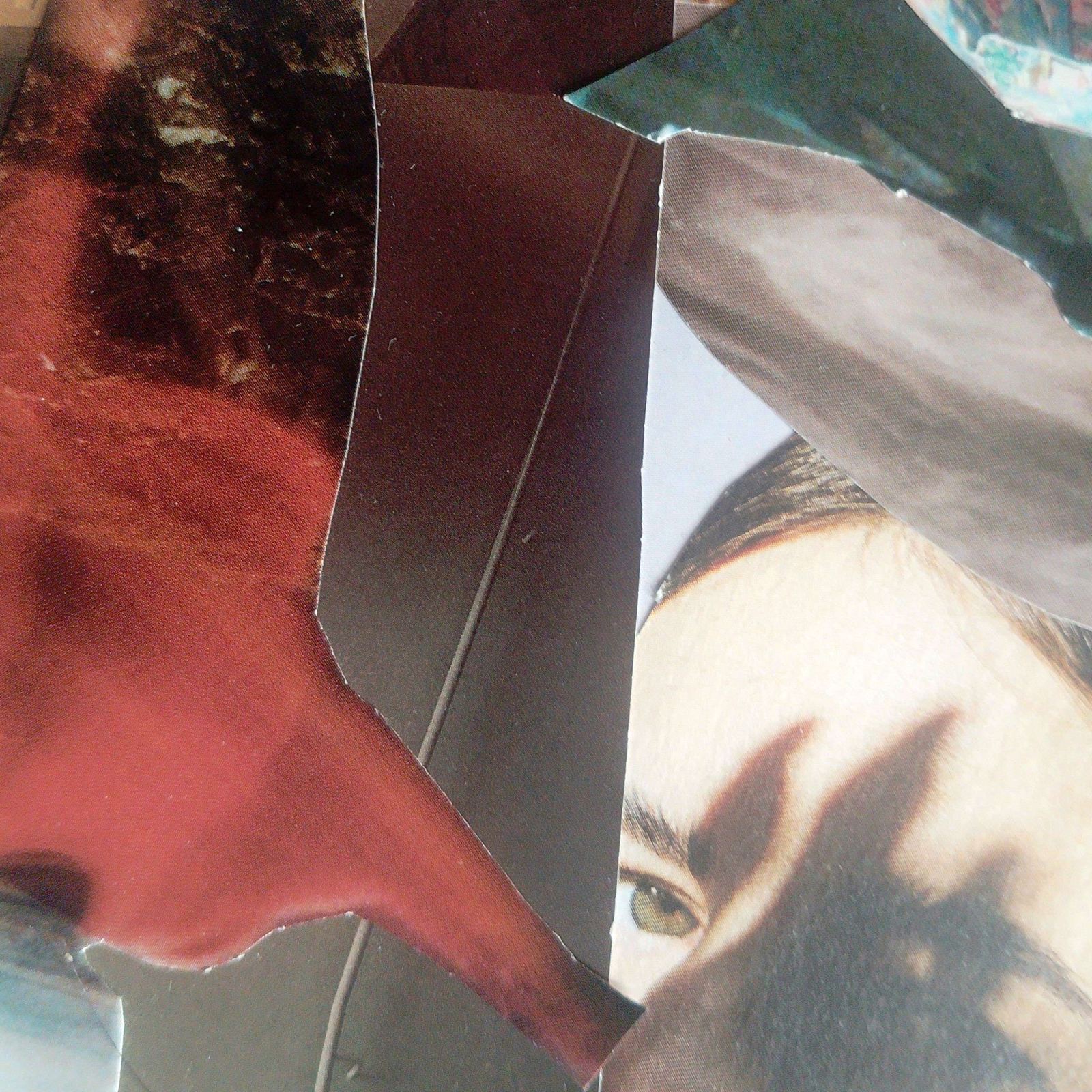 Collage: torn red and brown paper over a face